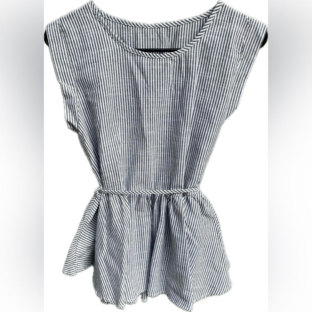 Blue & White Striped Peplum Top with Waist Tie | Size Small